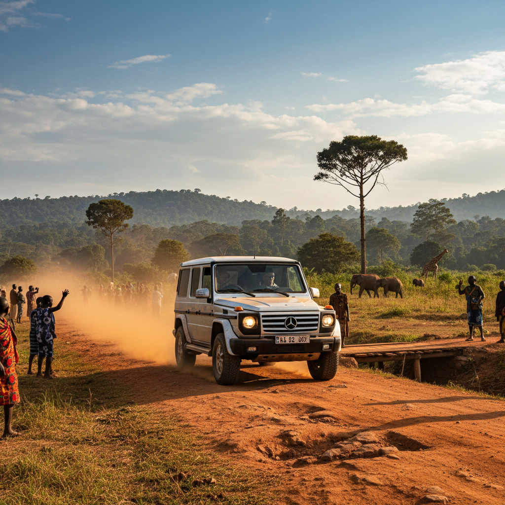 Voiture sur route poussiéreuse, éléphants